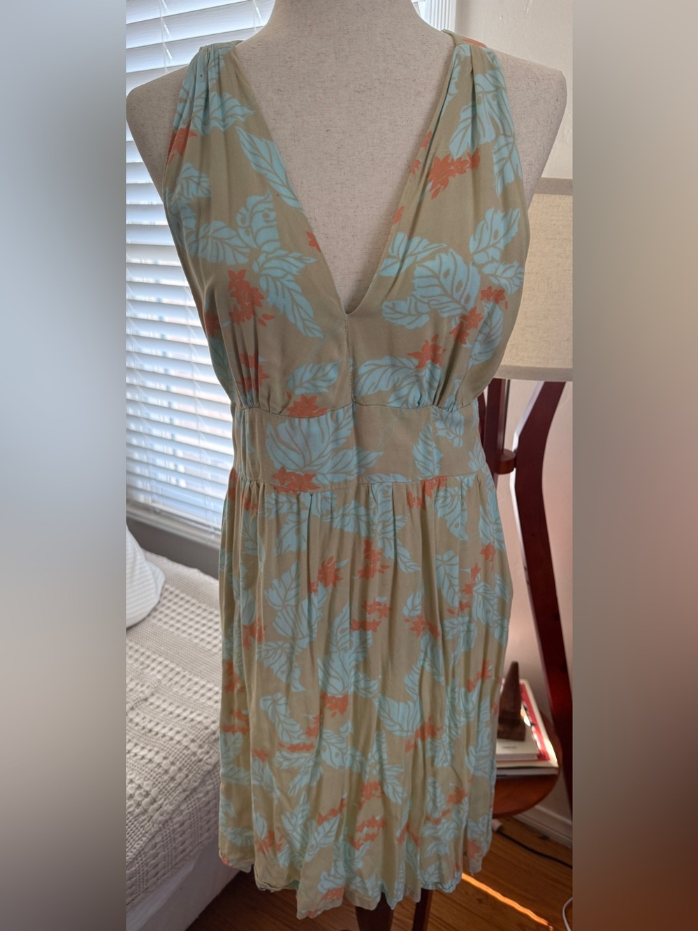 Sleeveless V-Neck Midi Dress in Sage with Blue & Coral Print